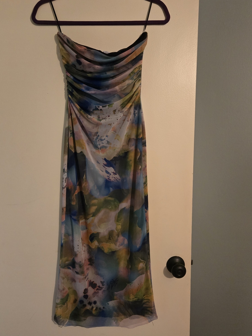 Zara Strapless maxi mesh Dress in Blue, Green & Yellow Watercolor Print small
